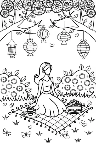 A coloring page of Barbie’s Enchanted Garden Party Coloring Adventure