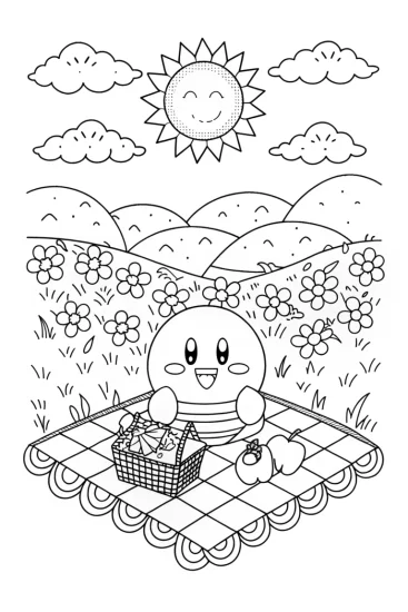 A coloring page of Kirby’s Dreamy Picnic Adventure Fun!