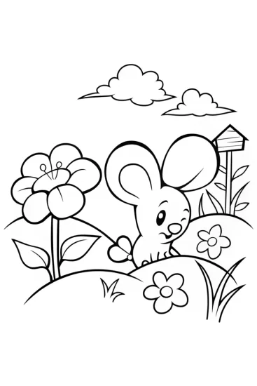 A coloring page of Banban’s Garden Adventure with a Friendly Mouse