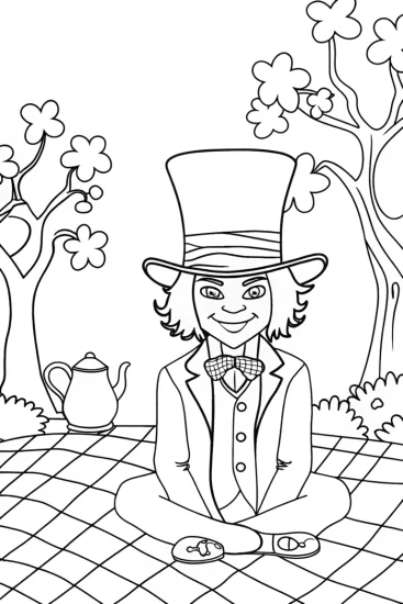 A coloring page of Tea Party with the Mad Hatter in the Enchanted Garden