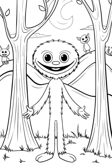 A coloring page of Huggy Wuggy’s Forest Adventure Awaits!
