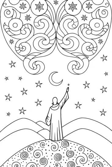 A coloring page of Sorcery Under the Stars: The Wizard’s Night Ritual