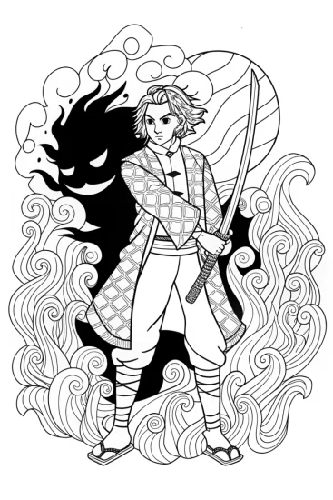 A coloring page of Dance of Flames and Shadows: The Warrior’s Duel