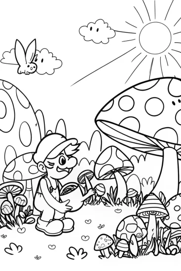 A coloring page of Luigi’s Adventure in the Magical Mushroom Garden