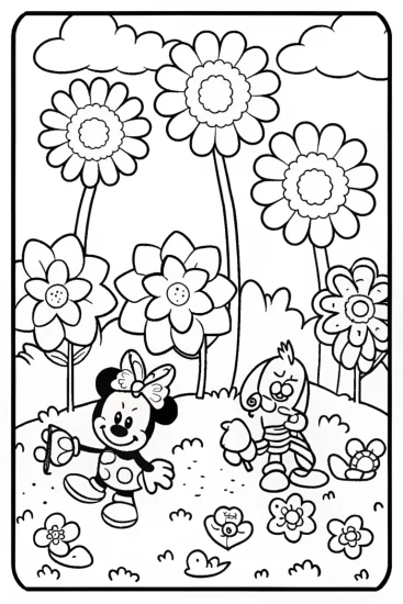 A coloring page of Minnie Mouse’s Adventure in the Enchanted Garden