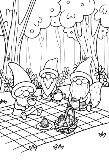 A coloring page of Gnome Picnic Party Fun with Snacks and Friends!