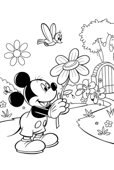 A coloring page of Mickey’s Flower Adventure in the Magical Garden