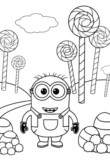 A coloring page of Minion’s Sweet Adventure in Candy Land