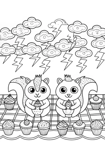 A coloring page of Squirrels Enjoying a Lightning Lunch Adventure!