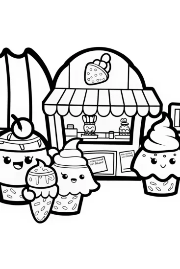 A coloring page of Dreamy Ice Cream Delights at Shopkins’ Parlor!