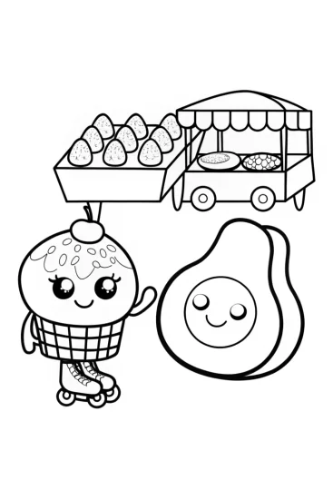 A coloring page of Shopkins Market Mayhem with Cupcake Chic and Avocado