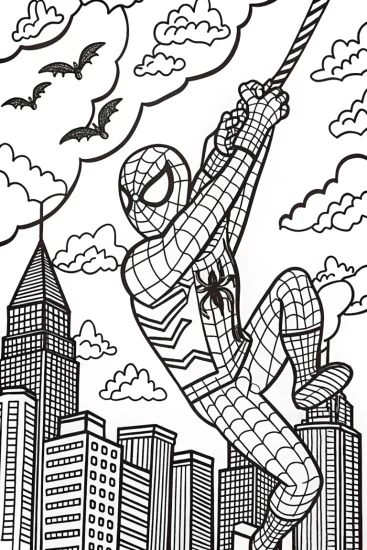 A coloring page of Miles Soars Through the Cityscape