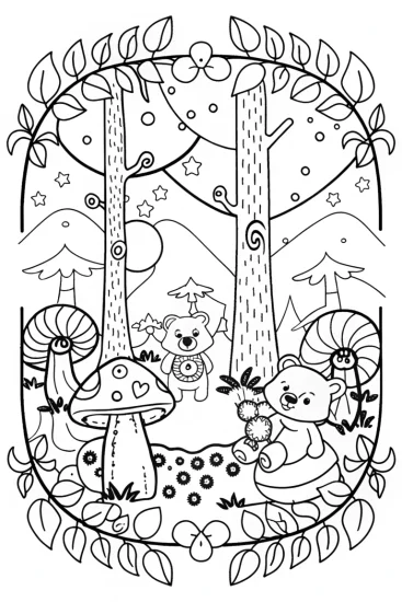 A coloring page of Care Bears in a Magical Forest Coloring Page