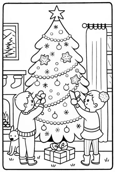 A coloring page of Christmas Tree Decorating with Friends