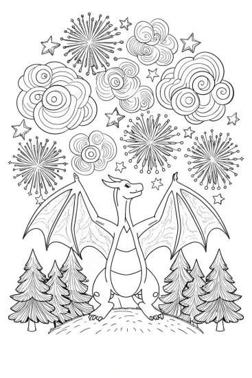 A coloring page of Charizard’s Spectacular Fireworks Celebration