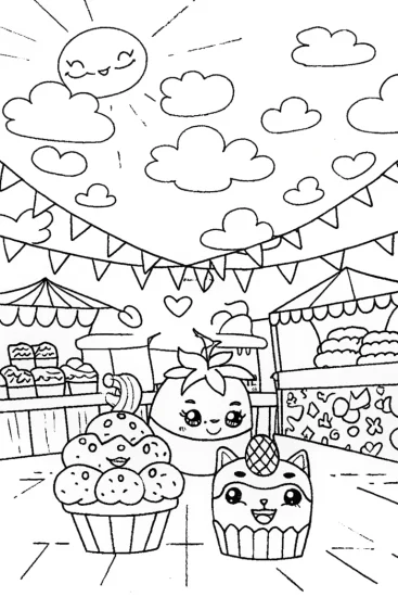 A coloring page of Shopkins’ Sweet Market Adventure with Strawberry Kiss