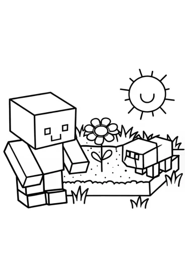 A coloring page of Minecraft Garden Adventure with Steve and a Sheep