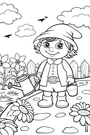 A coloring page of Gomer the Gnome Gardening Coloring Page