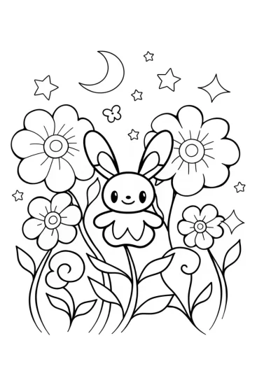 A coloring page of Kuromi’s Enchanted Garden Adventure Coloring Fun