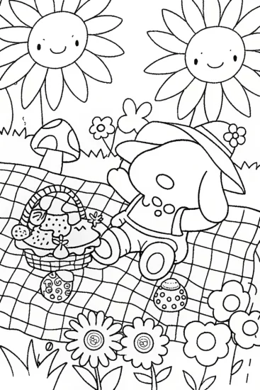 A coloring page of Kawaii Garden Picnic with Cinnamoroll and Friends
