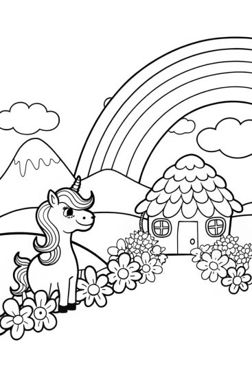 A coloring page of Unicorn’s Journey at Rainbow’s End