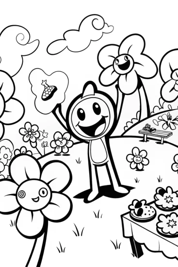 A coloring page of Banban’s Fun Day at the Garden Party