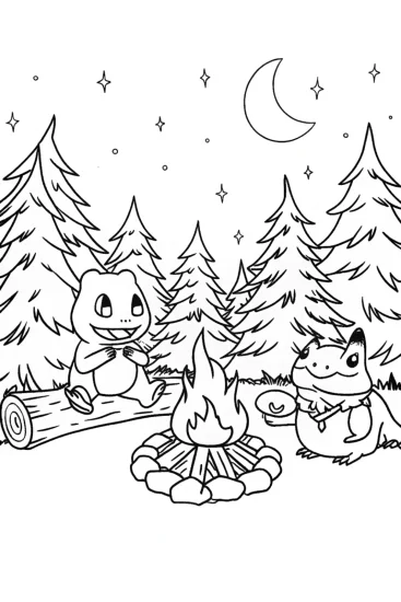 A coloring page of Charmander’s Campfire Adventure with Friends
