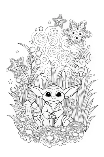 A coloring page of Baby Yoda’s Enchanted Garden Journey