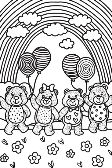 A coloring page of Care Bears’ Friendship Parade with Balloons and Fun!