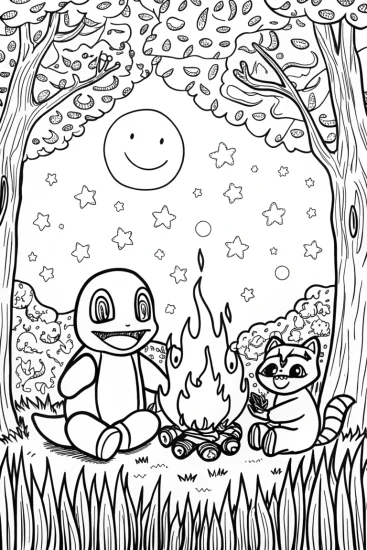 A coloring page of Charmander’s Cozy Campfire Adventure