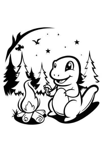 A coloring page of Charmander’s Campfire Fun Under the Stars