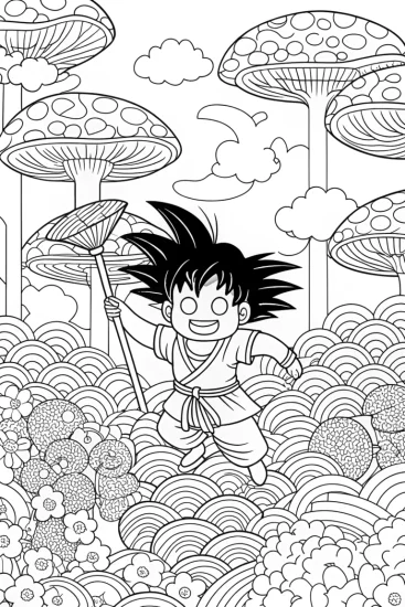 A coloring page of Goku’s Colorful Adventure in the Mushroom Forest