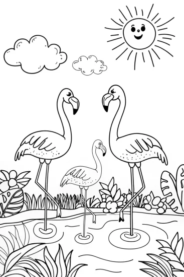 A coloring page of Flamingo Fiesta Fun at the Sunny Lagoon