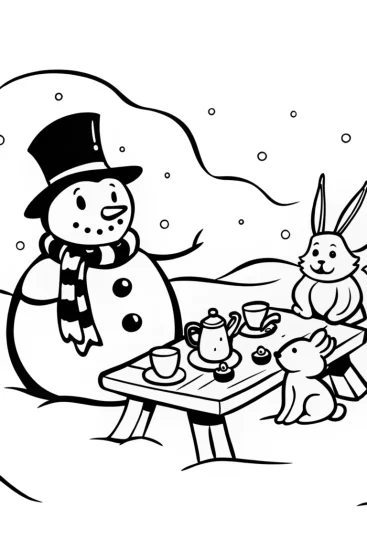 A coloring page of Snowman Tea Party with Friends