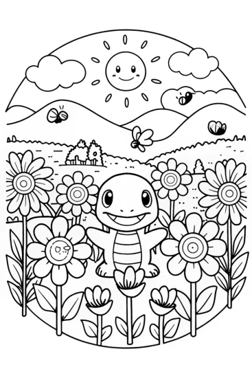 A coloring page of Charmander’s Colorful Garden Adventure Awaits!