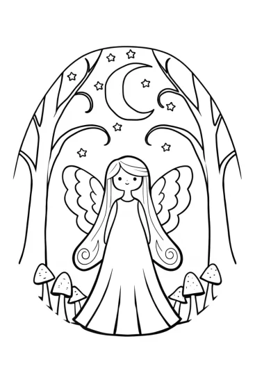 A coloring page of Celestial Guardian in the Moonlit Forest Coloring Page