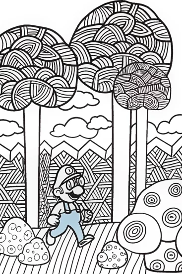 A coloring page of Mushroom Maze Adventure with Mario