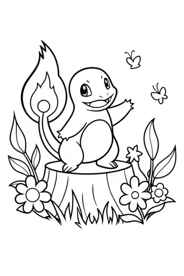 A coloring page of Charmander’s Colorful Adventure in the Flower Field