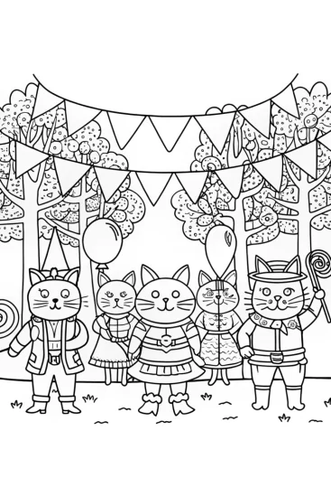 A coloring page of Whimsical Cat Parade Celebration with Festive Friends