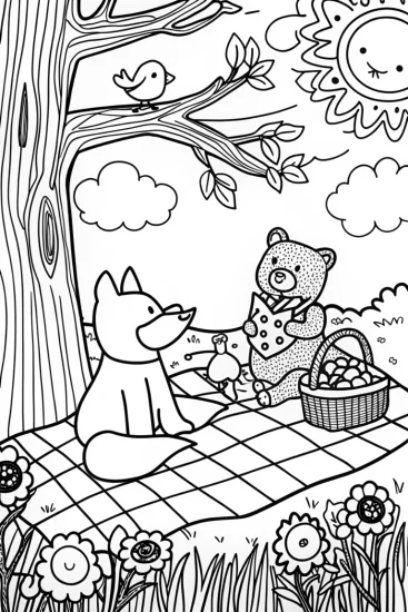 A coloring page of Rainbow Friends Picnic with Bear and Dog