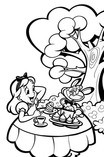 A coloring page of Alice’s Whimsical Tea Party Adventure