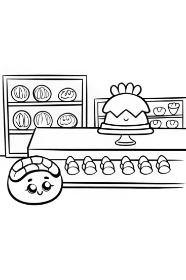 A coloring page of Shopkins Bakery Bonanza with Jellybee and Croissant Deli