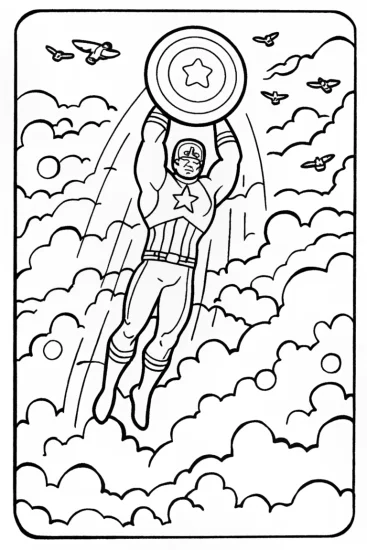 A coloring page of Captain America’s Soaring Triumph