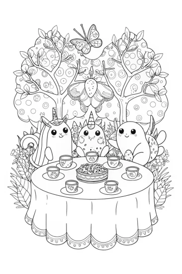 A coloring page of Squishmallow Tea Party Adventure with Friends