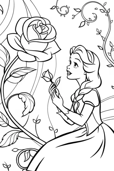 A coloring page of The Enchanted Rose Garden with Belle