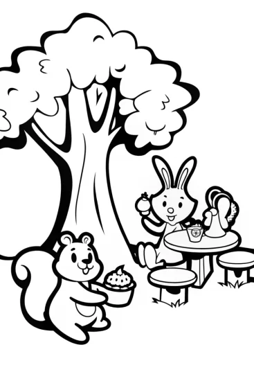 A coloring page of Whimsical Tea Party with Benny the Bunny and Friends