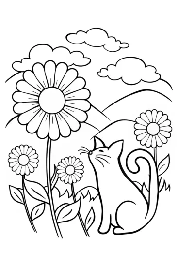 A coloring page of Whiskers the Cat in a Flower Wonderland