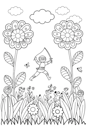 A coloring page of Ninja Garden Battle: Adventure Among the Flowers