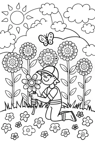 A coloring page of Blippi’s Flower Adventure in the Magical Garden