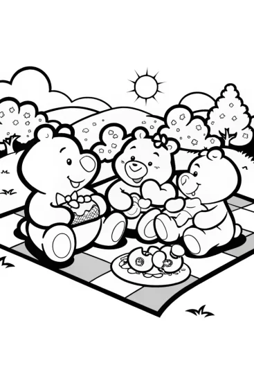 A coloring page of Care Bears Picnic Fun with Cheer Bear and Friends!